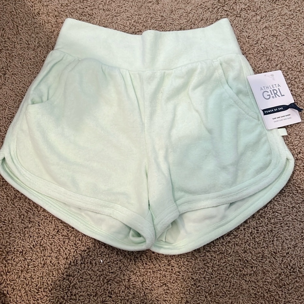 NWT mint green terry cloth athelta girl Surf and sand beach shorts size 14 girls